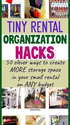 the book tiny rental organization hacks is shown in green and white, with pictures of items