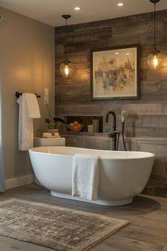 a large white bath tub sitting in a bathroom