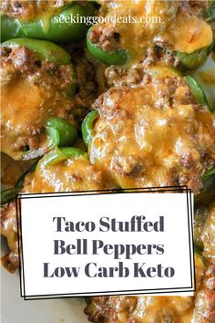 taco stuffed bell peppers low carb keto on a white plate with text overlay