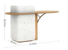 the table is made out of concrete and has a wooden shelf attached to it,