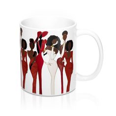 a white coffee mug with an image of women in red dresses on the front and back