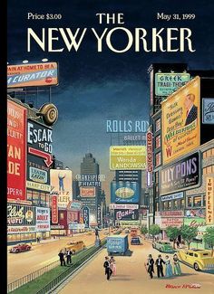 an advertisement for the new yorker, with people walking down the street