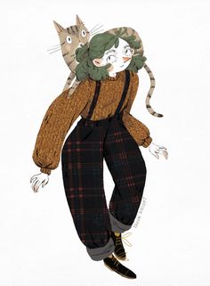 a drawing of a woman with a cat on her back