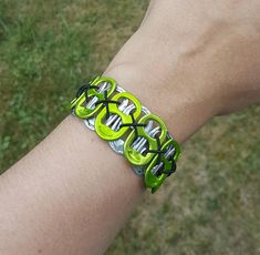 Bright Green Bracelet  - Fall colors, Halloween, Frankenstein, Green and Black, Soda flips, novelty, Poptab Jewelry, Monster Tab Crafts, Can Tab Jewelry, Bottle Tab Crafts, Things To Do With Monster Cans, Soda Can Tab Crafts, Soda Tab Jewelry, Black And Green Outfit, Can Tab Bracelet