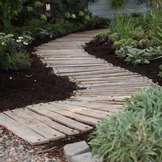 a wooden walkway in the middle of a garden