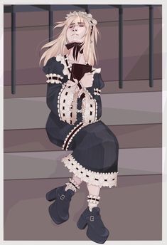 a drawing of a woman with blonde hair and black boots sitting on steps holding a cell phone