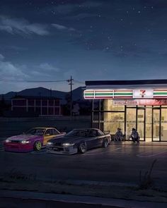 three cars are parked in front of a gas station at night with the lights on