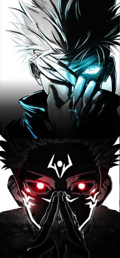 two anime characters with red eyes and black hair