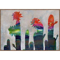 an abstract painting of cactus with red flowers