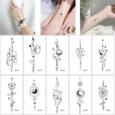 different tattoos on the arm and wrist are shown in various styles, including crescents