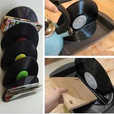 there is a collage of pictures with old records in it