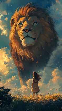 a girl looking at a lion in the sky