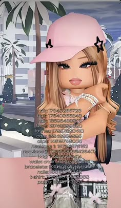 the girl is wearing a pink hat and holding her hand on her hip while standing in front of a palm tree