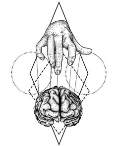 two hands touching each other over a drawing of a brain