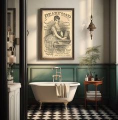 an old fashioned bathtub in a bathroom with green walls and black and white checkered floor