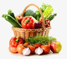 a basket filled with lots of different types of fruits and vegetables next to each other