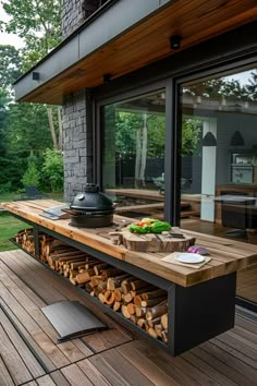 an outdoor grill with wood stacked on the outside and large glass doors to the back