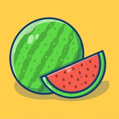 a watermelon cut in half and sitting next to it on a yellow background