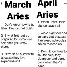 an advertisement with the words march aries are in black and white text on it