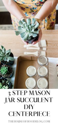 a woman holding a succulent plant in her hands with the words, 3 step mason jar succulent diy centerpiece