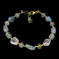 This Gorgeous Natural Santa Maria Top Nice Blue Aquamarine With Fancy Cut Rose & Yellow Quartz With Green Amethyst Briolette On A 14kt Gold Plated Solid Sterling Silver Bracelet, Stamped 925 Is A Unique One Of A Kind Handmade Design. Over 100 Carats Of Natural Gemstones! Elegant Aquamarine Bracelets With Natural Stones, Elegant Gold Aquamarine Bracelet, Yellow Quartz, Rose Yellow, Aquamarine Blue, Green Amethyst, Natural Aquamarine, Jewelry Inspo, Sterling Silver Bracelet