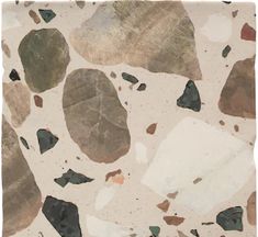 an abstract painting with rocks and dirt on the ground in shades of brown, green, beige and black