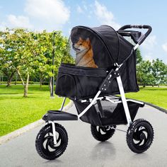 a dog is sitting in a stroller on the street with grass and trees behind it