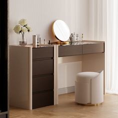 a vanity with stool and mirror in a room