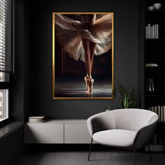 a ballerina's feet in the air, framed in black with gold trim