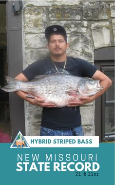 a man holding a fish in front of a stone building with the words new missouri state record on it