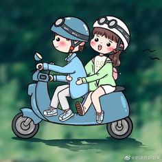 two people riding on the back of a scooter