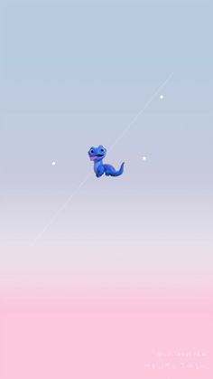 a blue dinosaur kite flying in the sky with two strings attached to it's tail