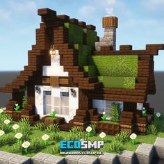 an image of a house made out of wood and grass with flowers in the front yard