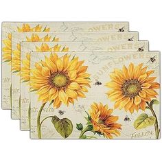 four sunflowers on white paper with words written in the center and bees flying around them