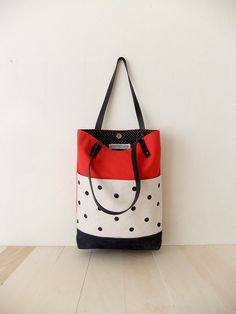 Red Canvas Tote Bag - Black Waxed Canvas Base - Handmade Dotted Canvas Front Pockets - Black Leather Straps - Black Dotted Lining - Everyday Textile Bag, Red Canvas, Eco Bag, Waxed Canvas, Black Tote, Fabric Bag, Black Tote Bag