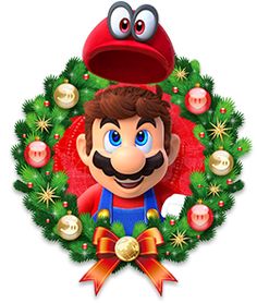 an image of mario christmas wreath with eyes and nose on it's head, surrounded by decorations