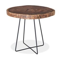 a wooden table with black metal legs and a wood slab on the top that looks like a tree stump