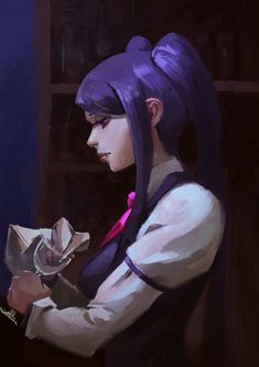 a painting of a woman with purple hair holding a piece of paper in her hands