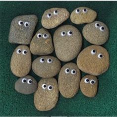 some rocks with eyes painted on them