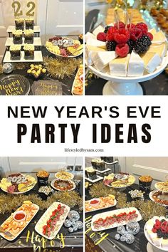 a new year's eve party with desserts and snacks on the buffet table