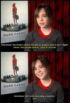 an image of a woman talking to someone in front of a red curtain with the words hard candy on it