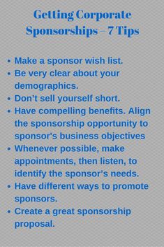 a poster with the words getting corporate sponsors 7 tips