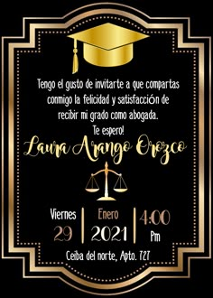 an elegant graduation party with gold foil and black background, the words are in spanish