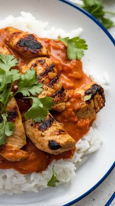 a white plate topped with rice and chicken covered in sauce, garnished with cilantro