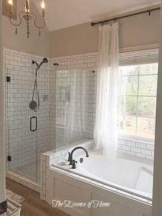 a bath tub sitting next to a window in a bathroom