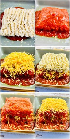 six different pictures of lasagna shells with sauce and cheese