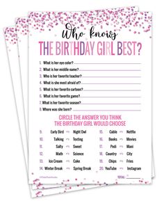 PRICES MAY VARY. Fun, easy party game- Kit Includes 15 game cards. Have each guest guess the answers that the Birthday Girl would choose. Great party ice breaker and you'll learn some fun facts about the special birthday girl. Classic design- Featuring pink and purple party confetti. Large 5 x 7" size allows plenty of room for answers and the matte cardstock is easy to write on with pens or pencils. Birthday or sleep over party- Perfect game for the tween, teen, or a young lady guest of honor. Adults and kids will have fun guessing the answers. Superior quality- Professionally printed in the USA on eco-friendly, recycled matte card stock. Fun, easy party game- Kit Includes 15 game cards. Have each guest guess the answers that the Birthday Girl would choose. Great party ice breaker and you' Game For Party, Girls Birthday Games, Birthday Sleepover Ideas, Sweet Sixteen Birthday Party Ideas, Sleepover Birthday Parties, Teen Fun, Party Confetti, Birthday Activities