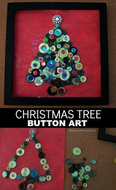 the christmas tree button art is displayed in two different frames with buttons attached to it