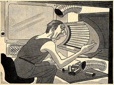 an old black and white drawing of a man working on a machine