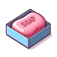 a pink soap in a blue box with the word soap on it